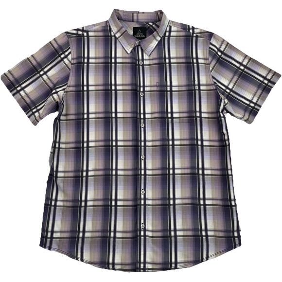 PrAna Men’s Short Sleeve Button Down Purple Tattersall Plaid- L - Picture 2 of 13